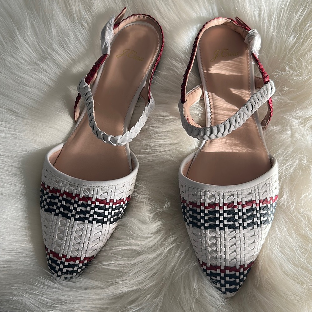 J. Crew White Woven Pointed Slingback Flats with Navy & Red Stripes